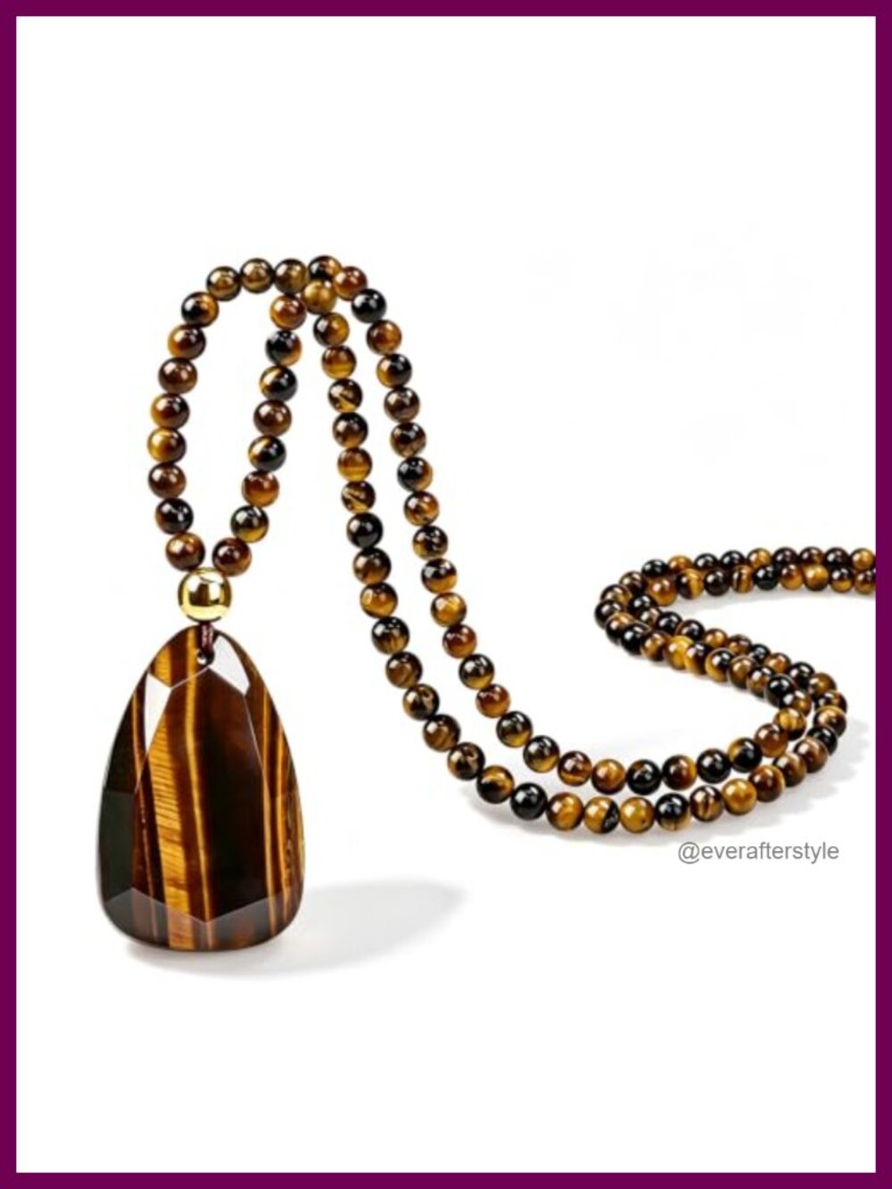 Long Natural Tiger Eye Beaded Necklace 28 Inch Handmade Bohemian Stone Pendant